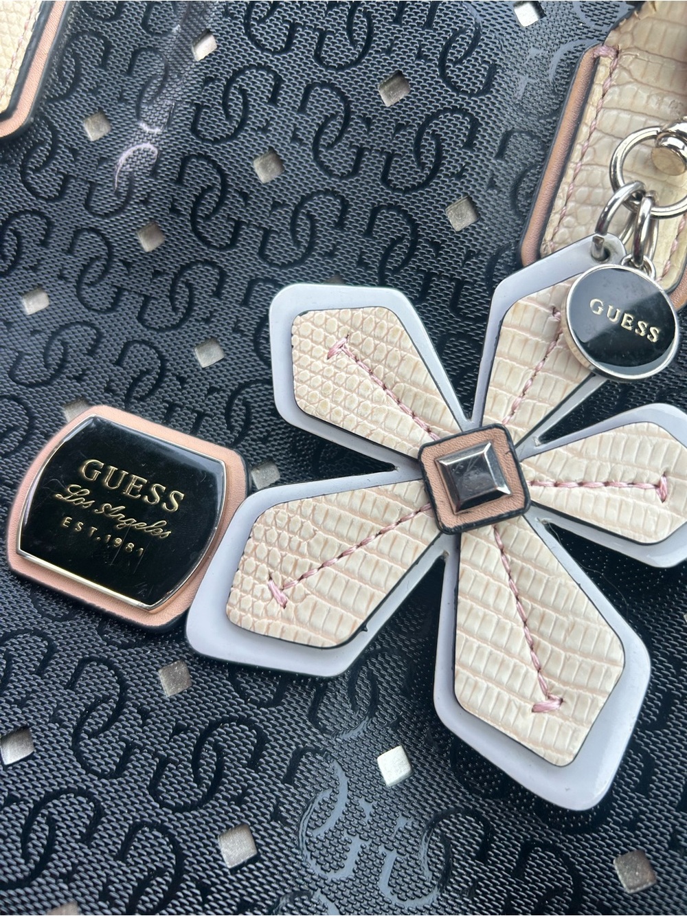 GUESS Black Tote with Cream Handles and Floral Charm